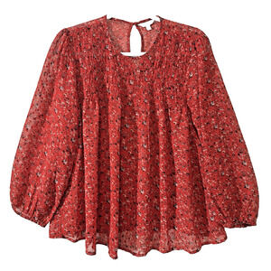 LUCKY BRAND M Red Floral Sheer Smocked Whimsy Boho Fairy Cottagecore Blouse